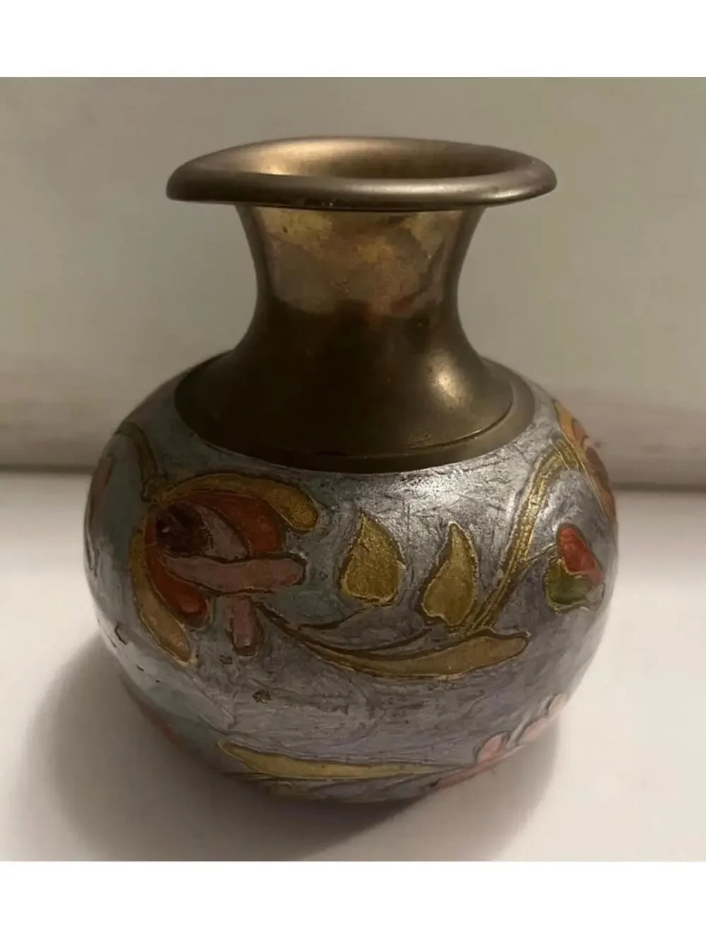Vtg brass and enamel floral vase made in India
